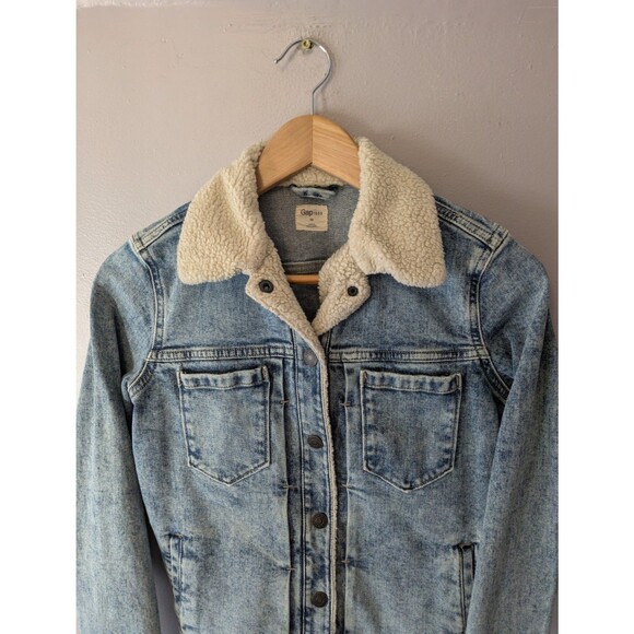 Denim Jean Jacket Gap, Sherpa, Trucker Women's XS, biker, grunge, y2k, 90s - Picture 4 of 5